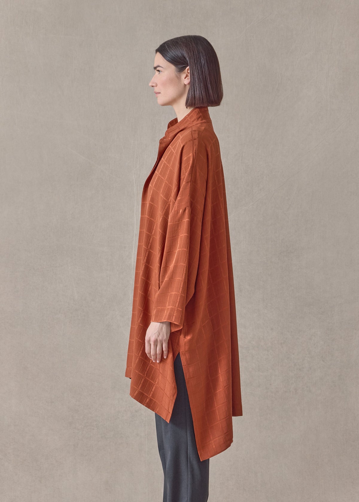 silk wide longer back double stand collar shirt-very long with slits (rust)