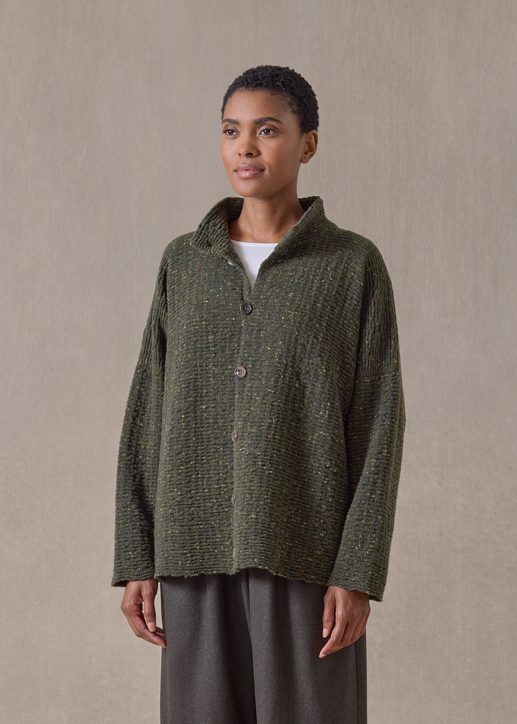 cashmere 3/4 width high neck cardigan - mid (loden)