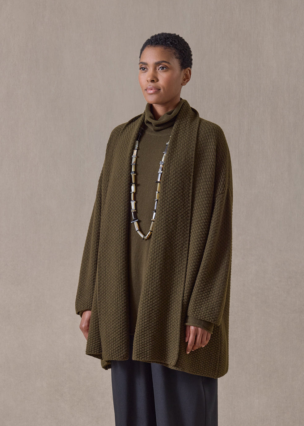 cashmere a-line scrunch shawl collar cardigan - long (lodenbronze)