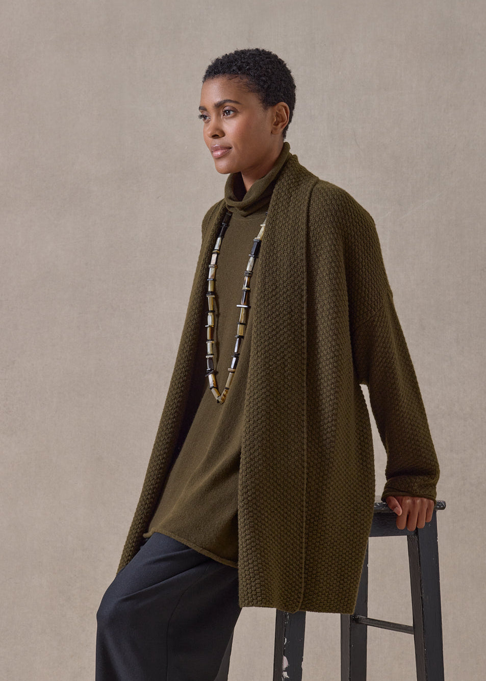 cashmere a-line scrunch shawl collar cardigan - long (lodenbronze)