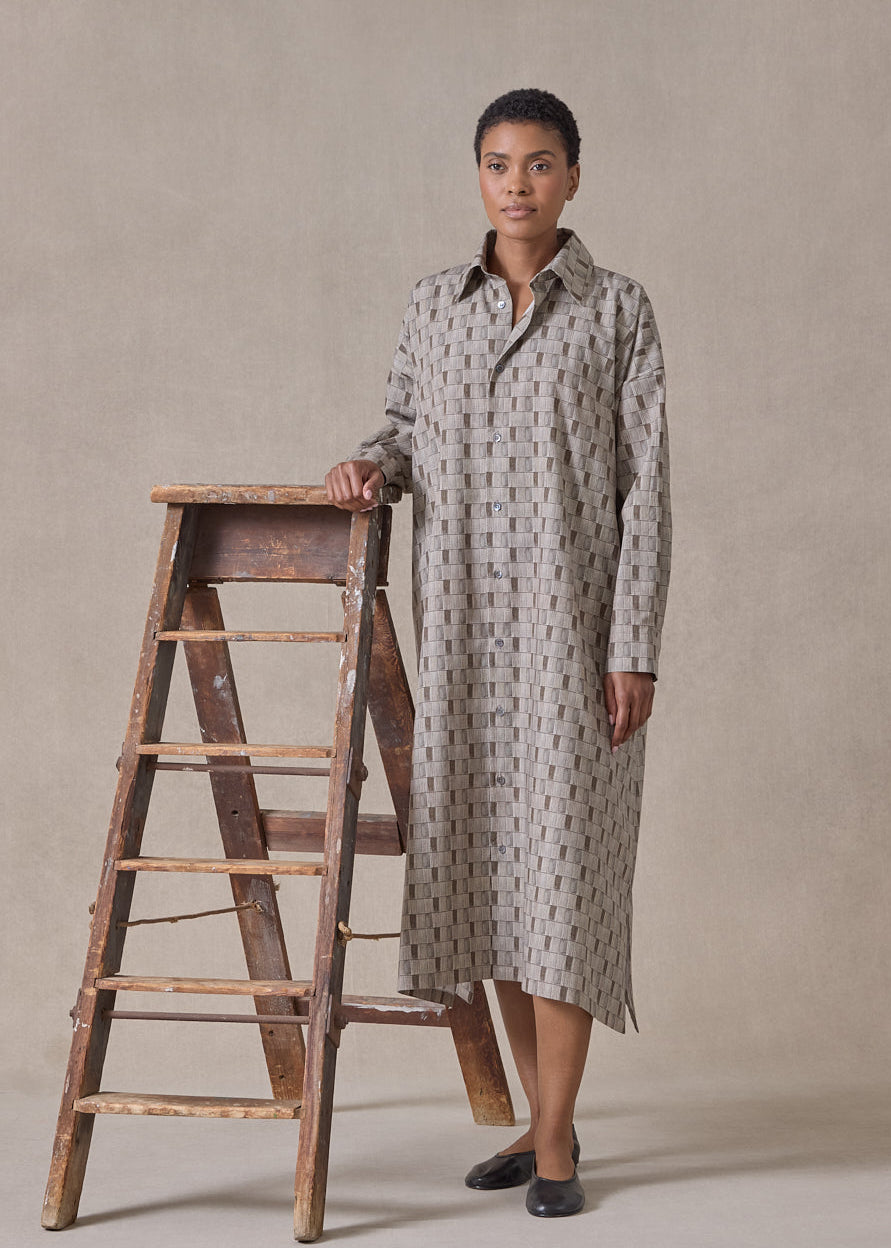 printed cotton wide a-line shirt dress with collar (olive)