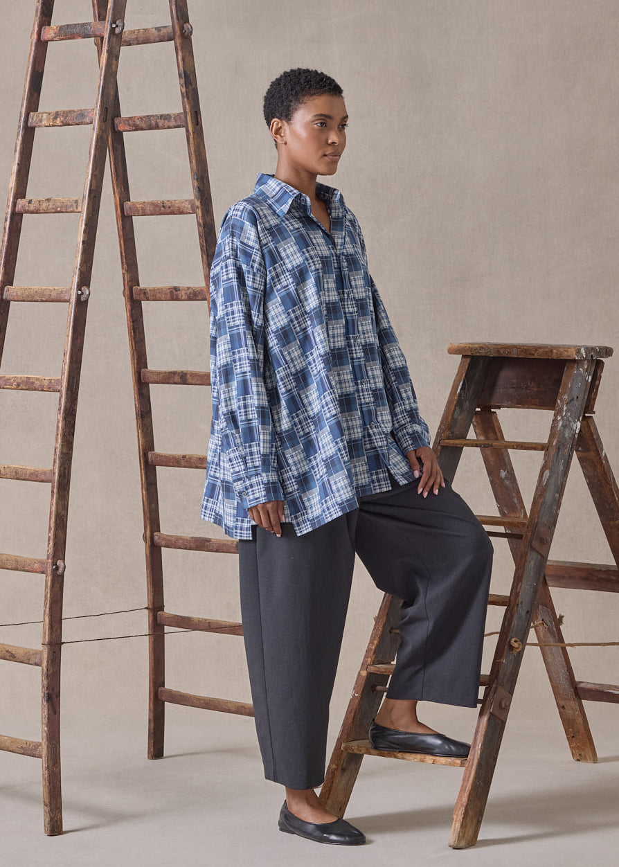 cotton slim a-line shirt with collar and stepped insert-long (jean)