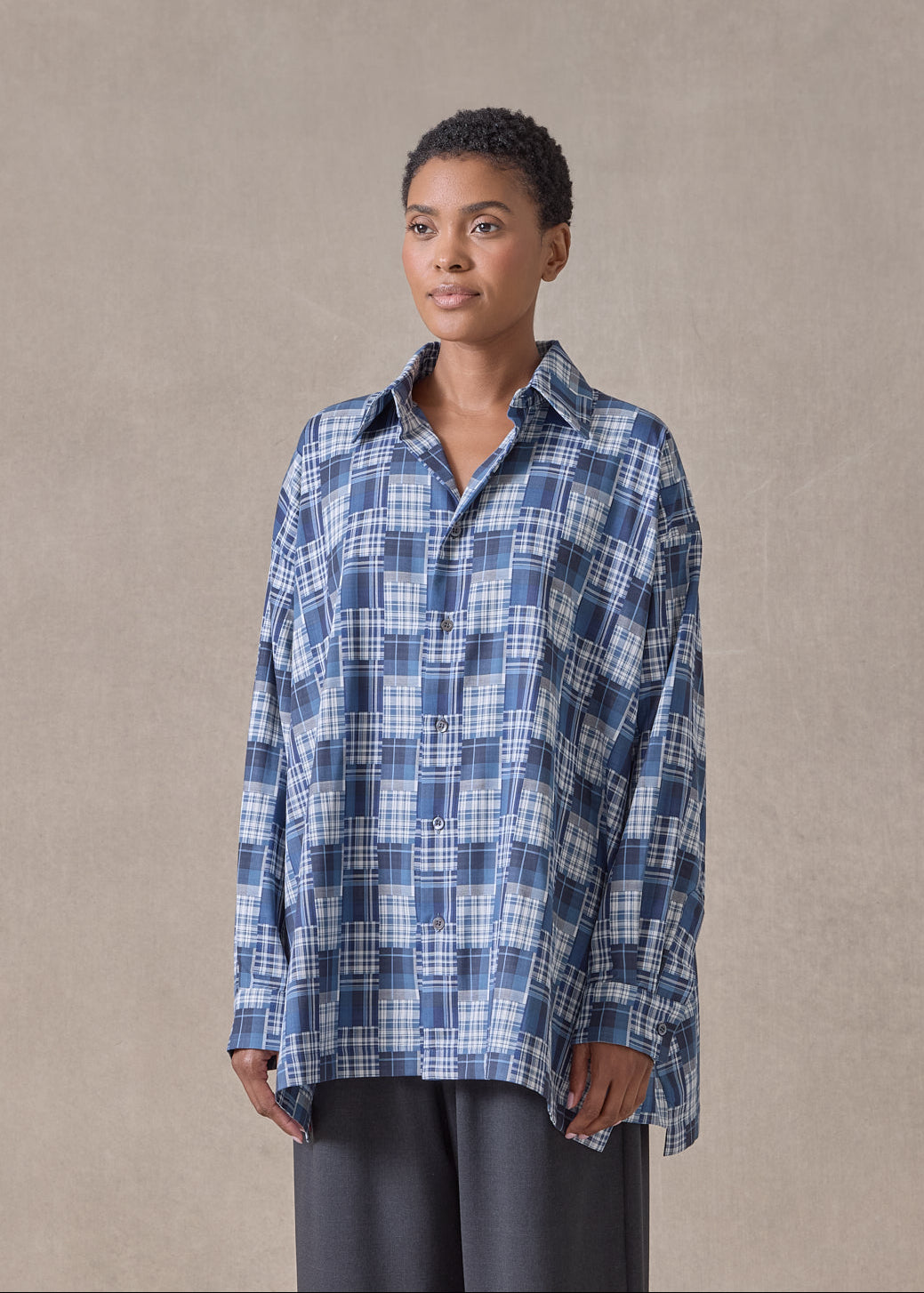 cotton slim a-line shirt with collar and stepped insert-long (jean)