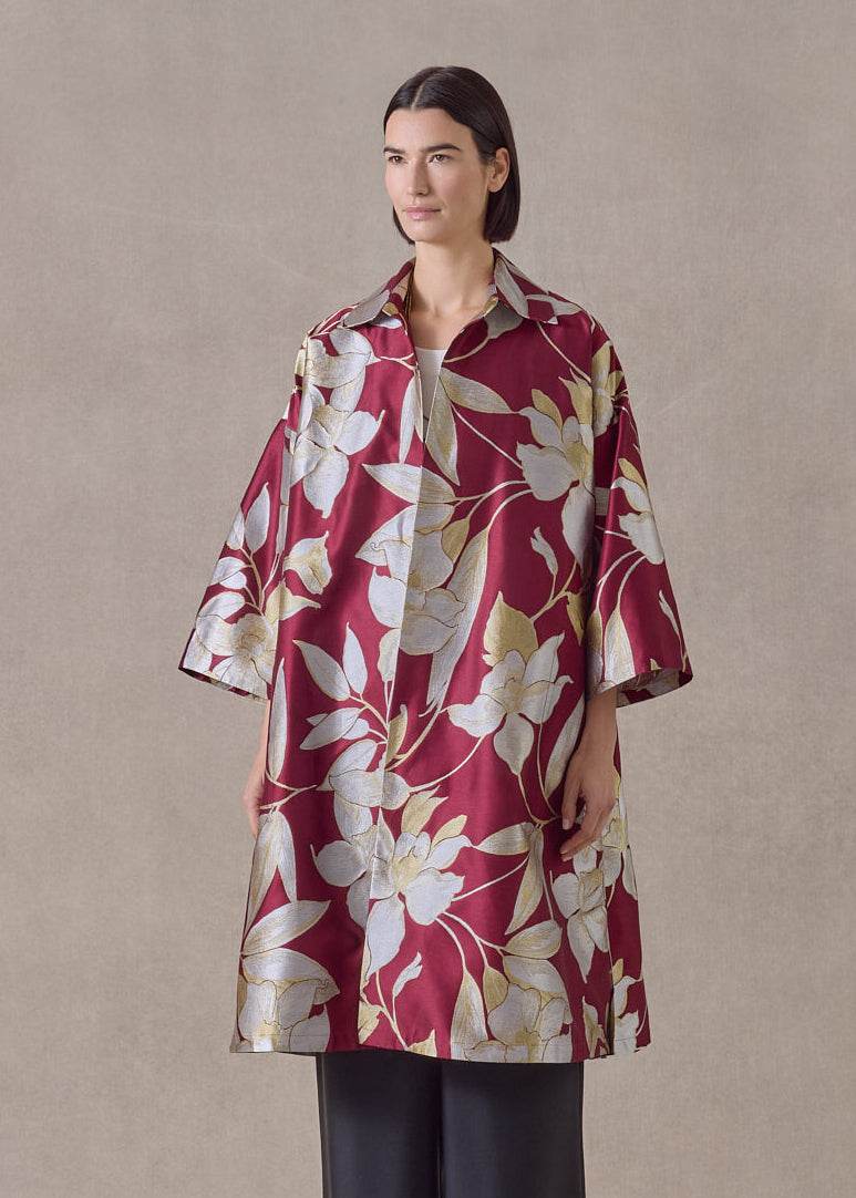 silk mix sloped shoulder wide aline jacket with collar-3/4length (red)