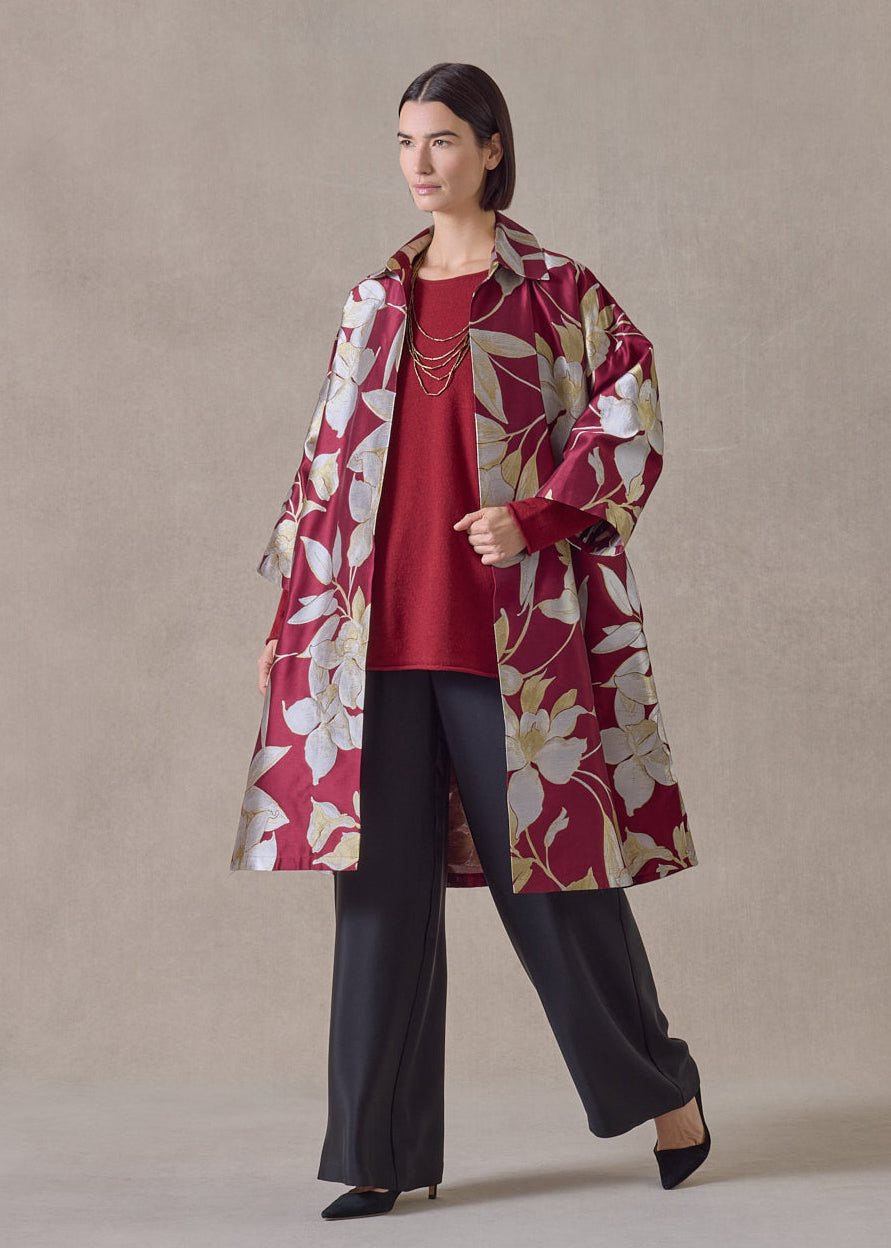 silk mix sloped shoulder wide aline jacket with collar-3/4length (red)