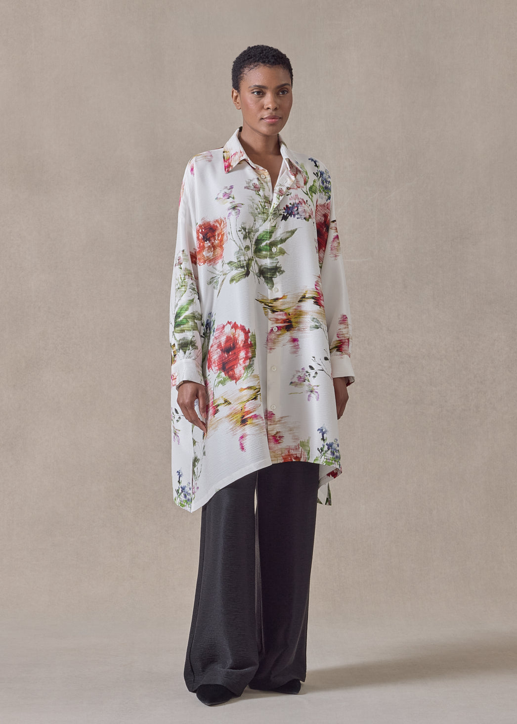 silk plissé wide a-line shirt with collar - long plus (whitemulti)