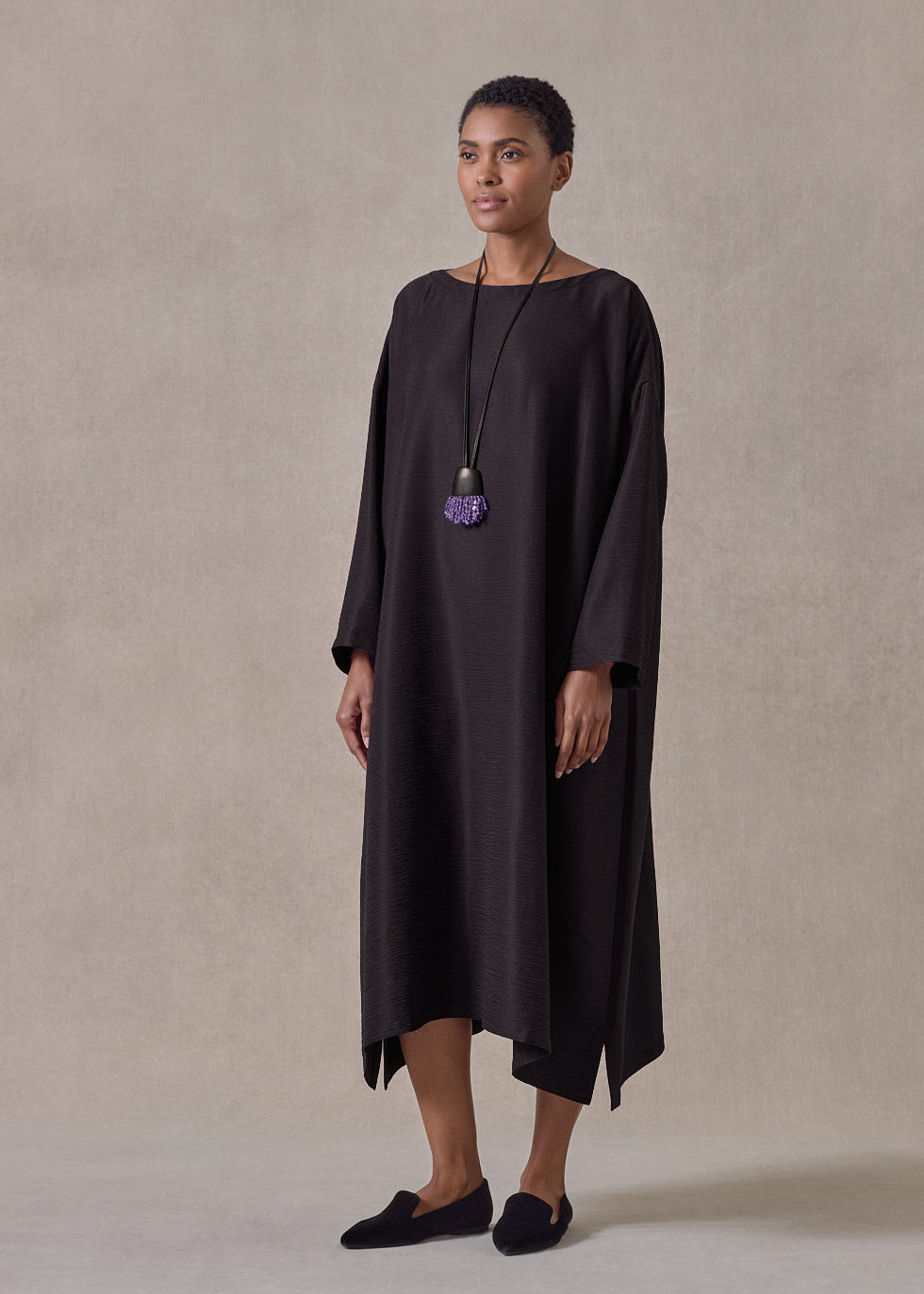 midweight silk plissé wide a-line scoop neck dress (espresso)