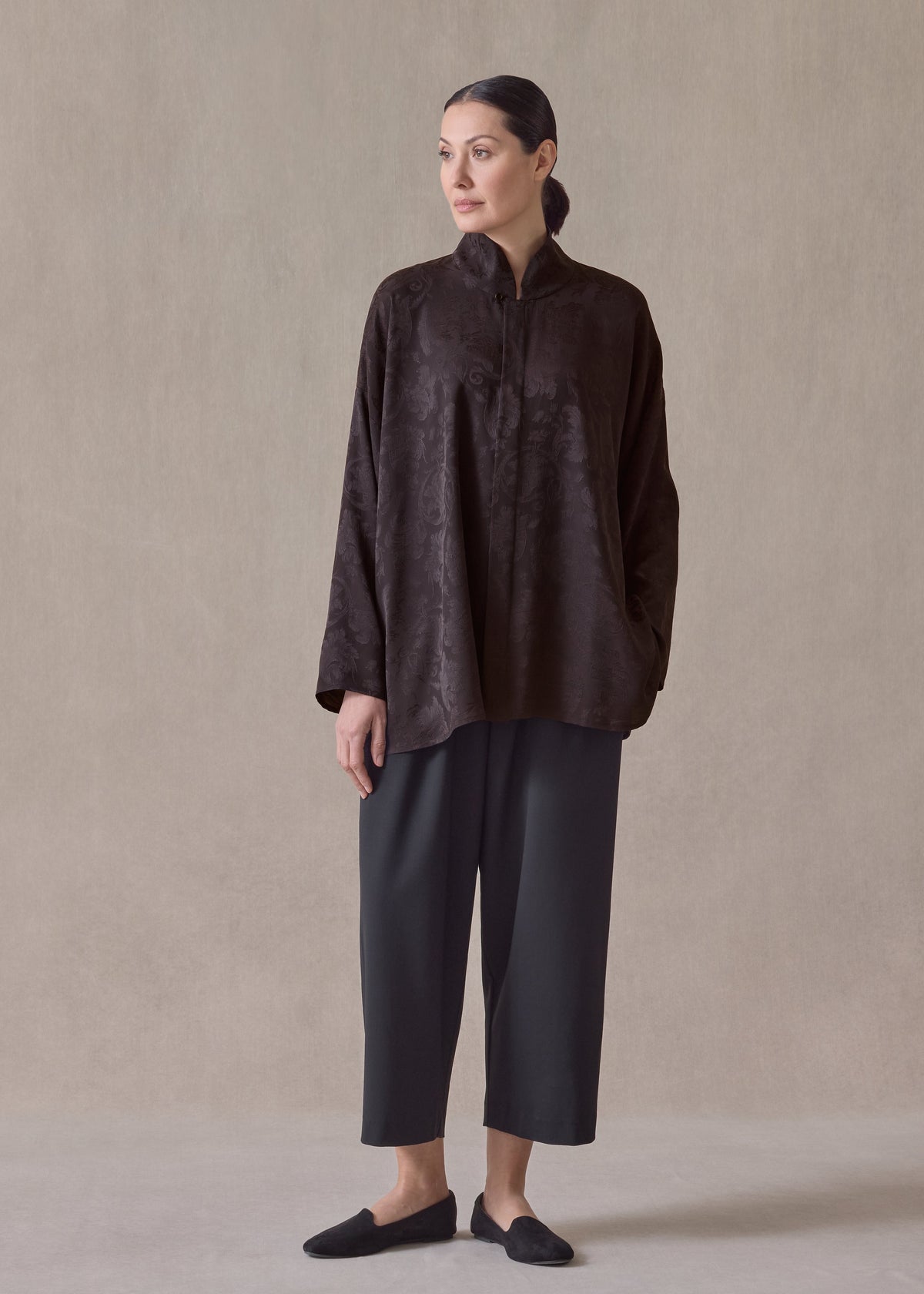 silk wide a-line chinese shirt with chinese collar - long (espresso)