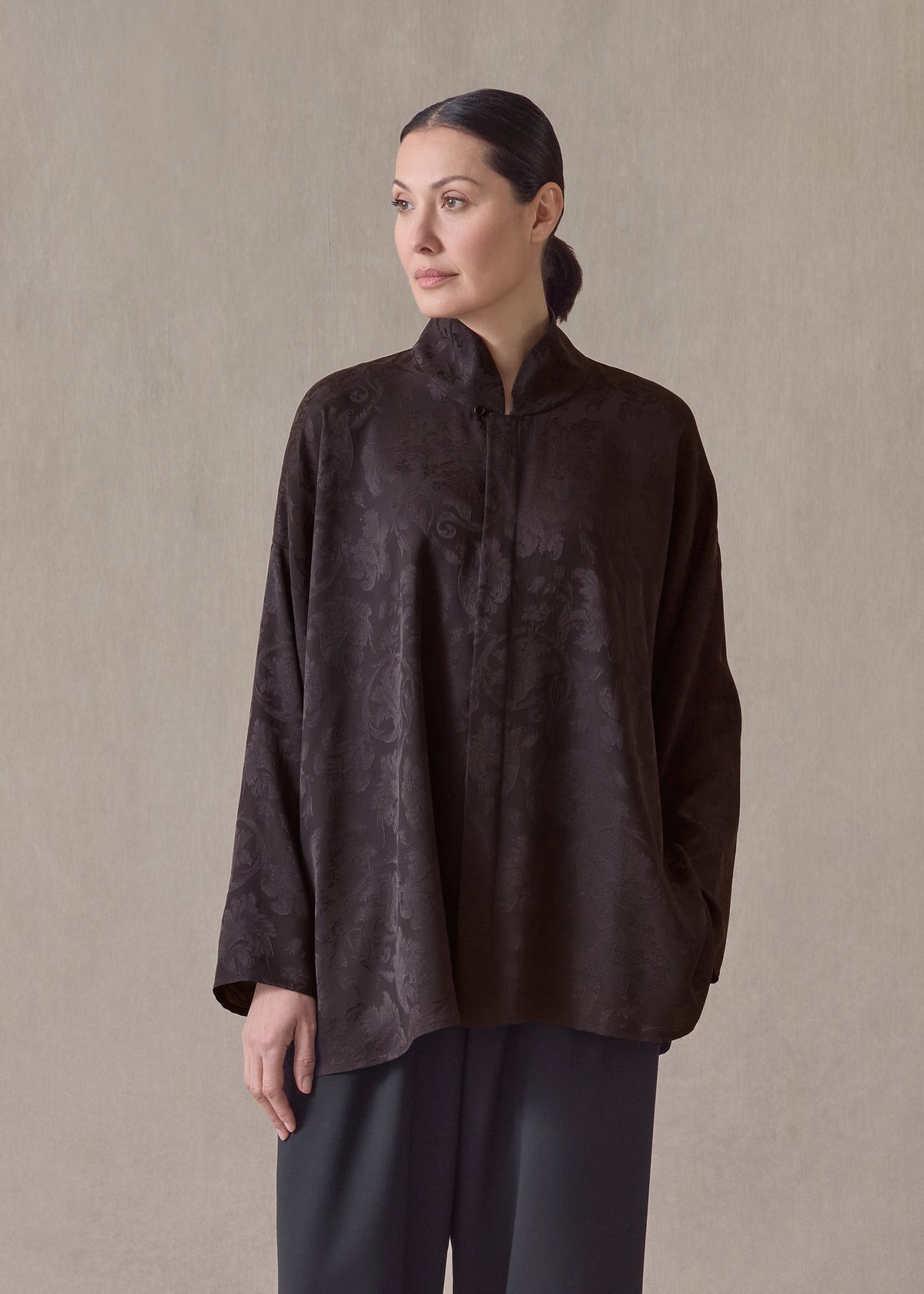 silk wide a-line chinese shirt with chinese collar - long (espresso)