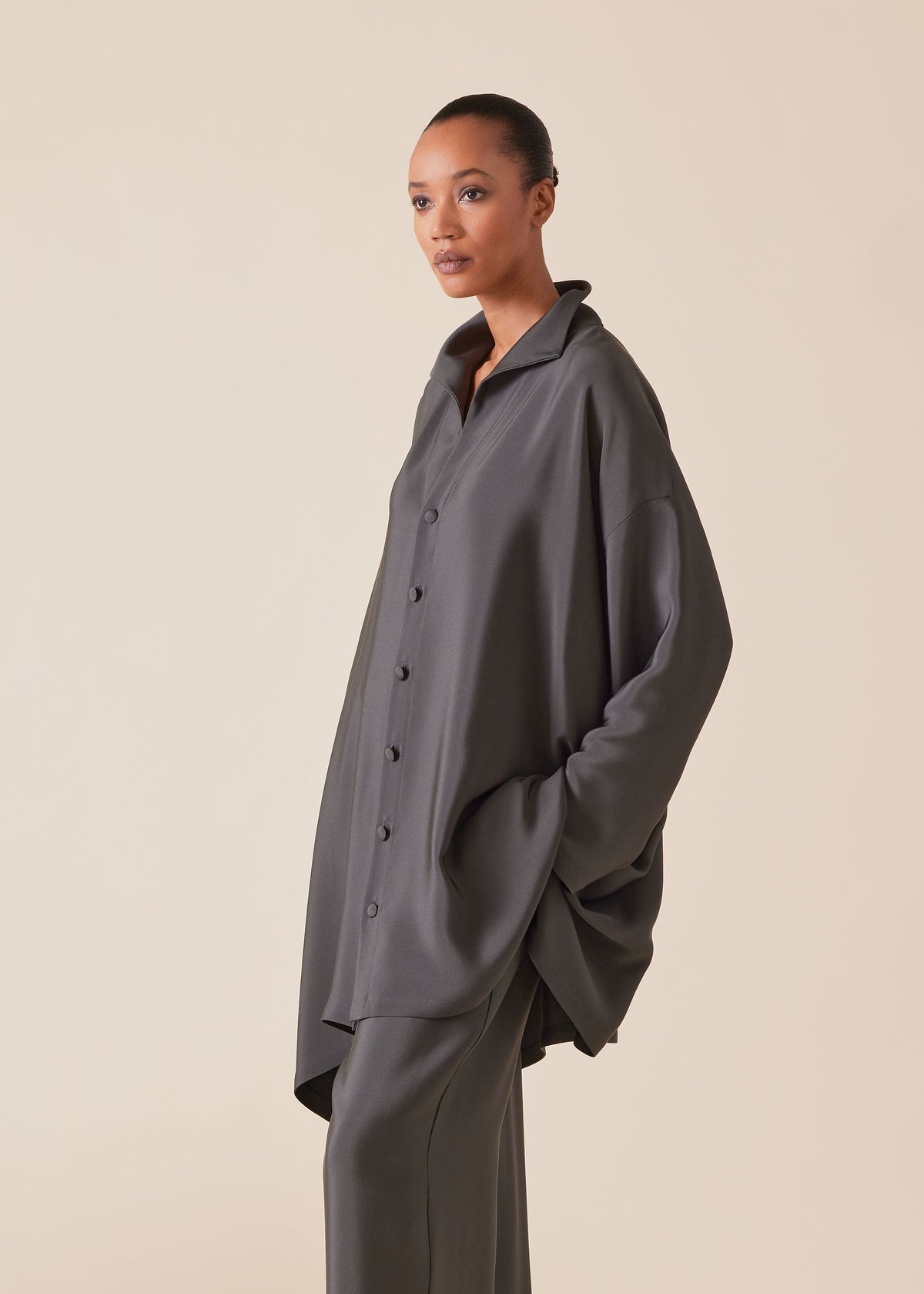 silk wide a-line shirt with open standup collar - long plus