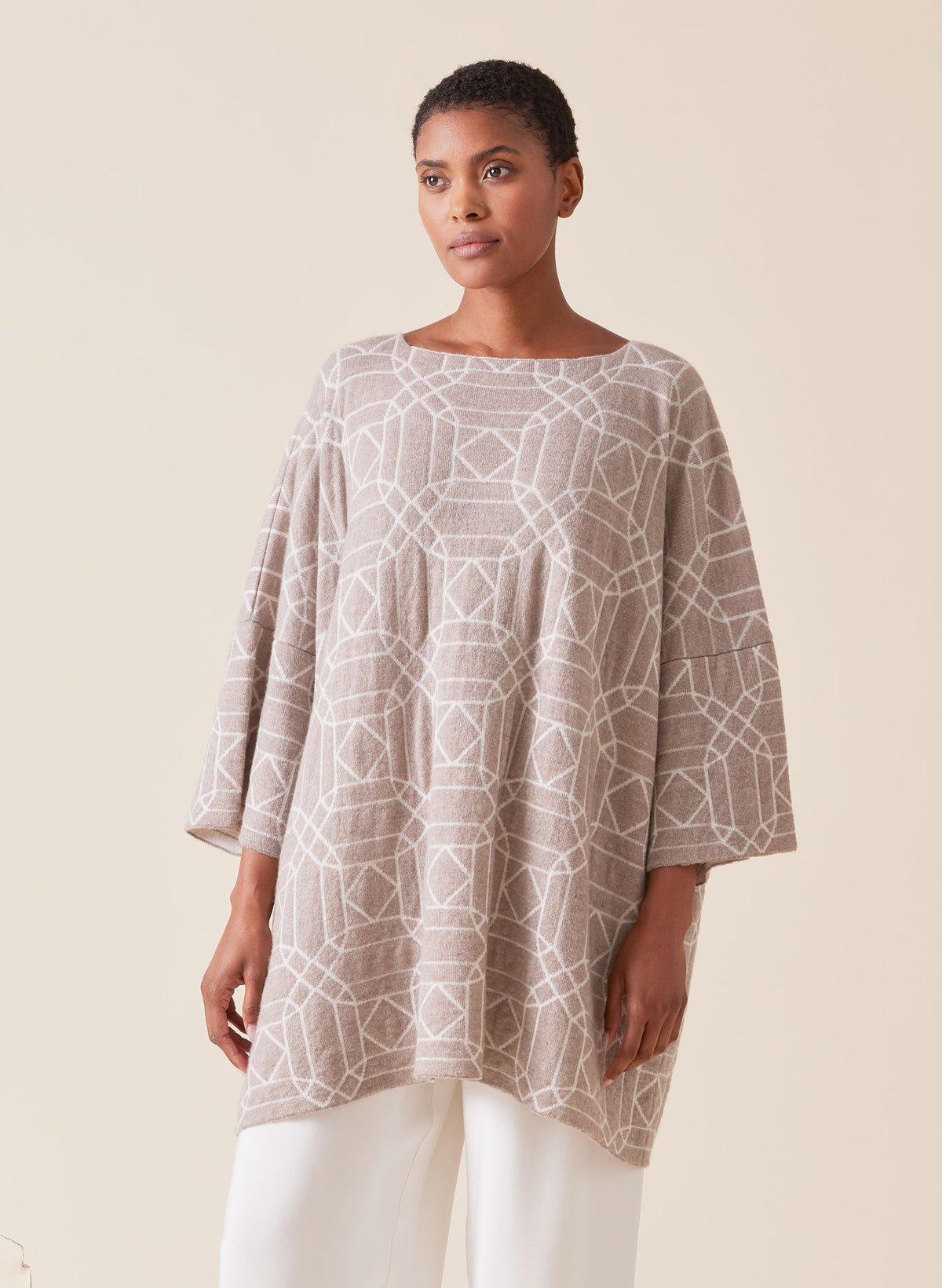 cashmere square 3/4 sleeve sweater - long (natural/white)