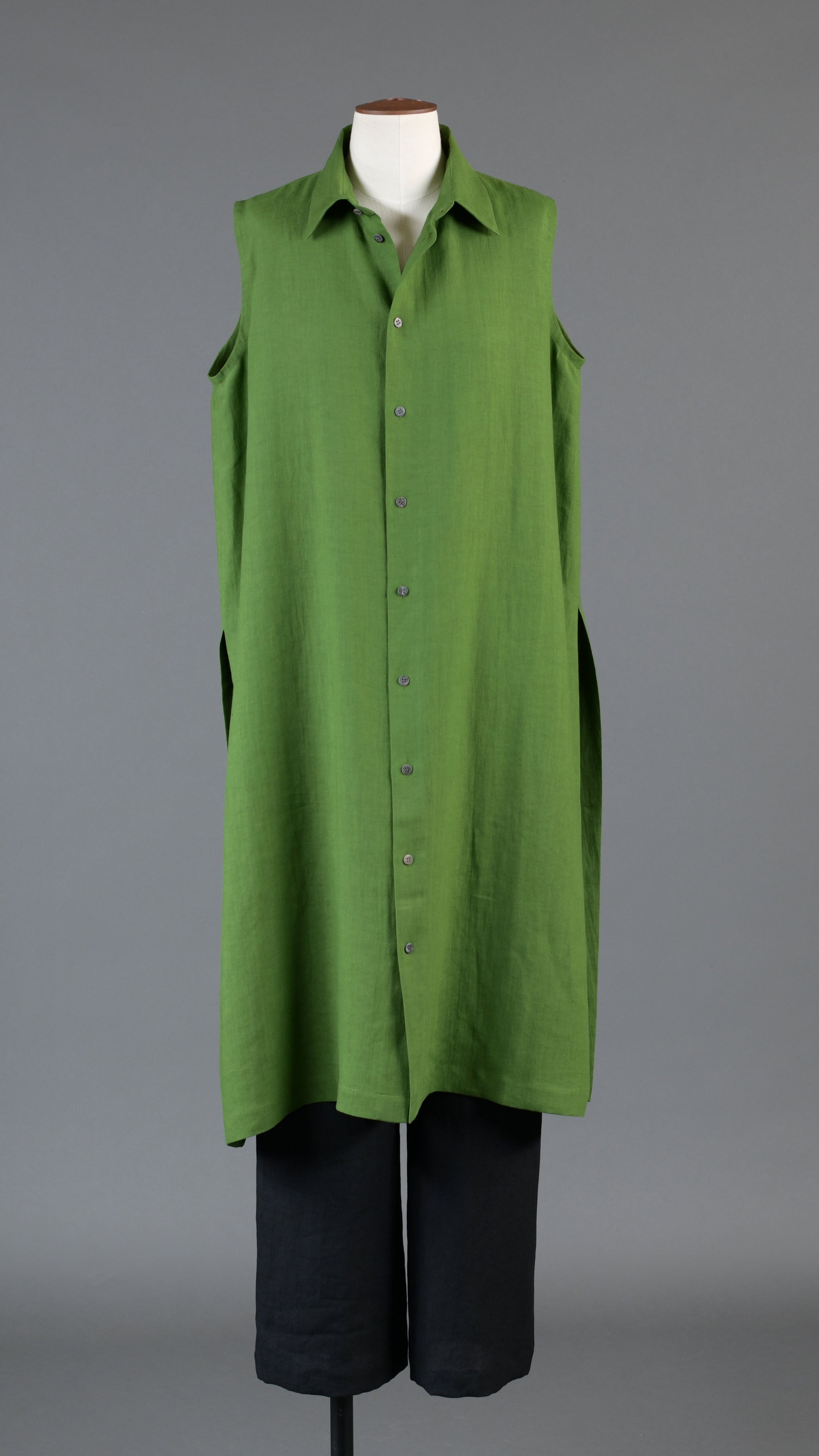 slim a-line sleeveless shirt dress with collar and side slit detail in darklime