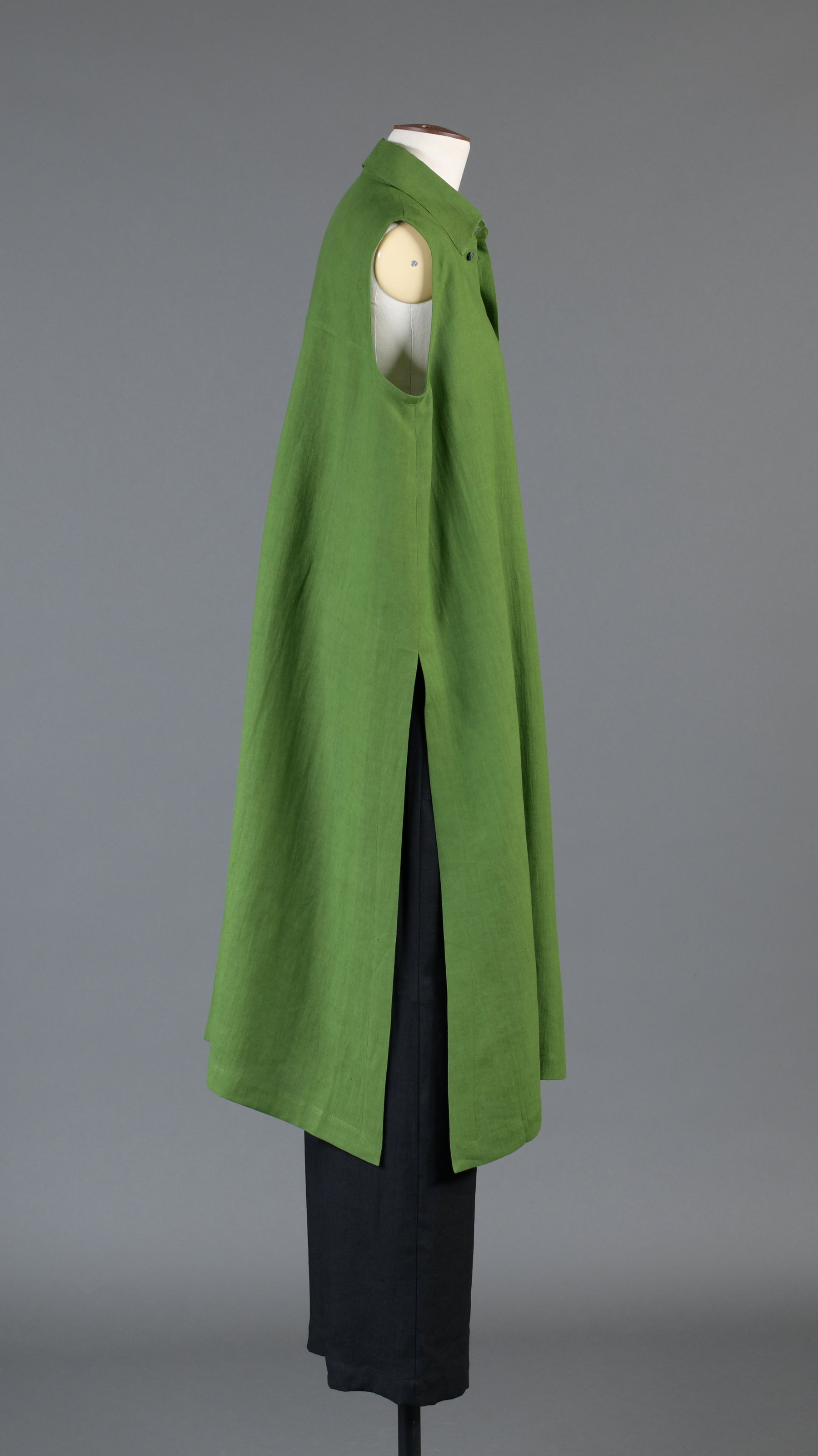 slim a-line sleeveless shirt dress with collar and side slit detail in darklime