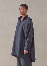 cotton wide a-line collarless classic shirt - long plus