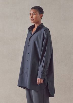 cotton wide a-line collarless classic shirt - long plus