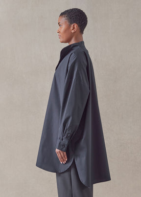 cotton wide a-line collarless classic shirt - long plus