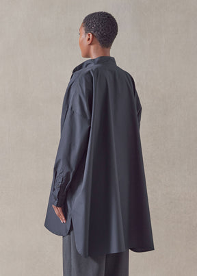 cotton wide a-line collarless classic shirt - long plus