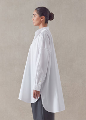 cotton wide a-line collarless classic shirt - long plus