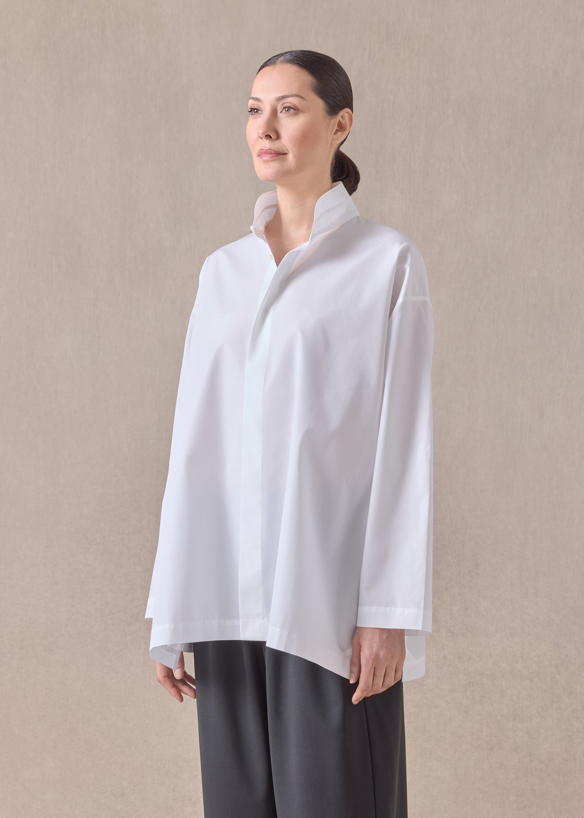cotton slim a-line double stand collar shirt with stepped insert - long