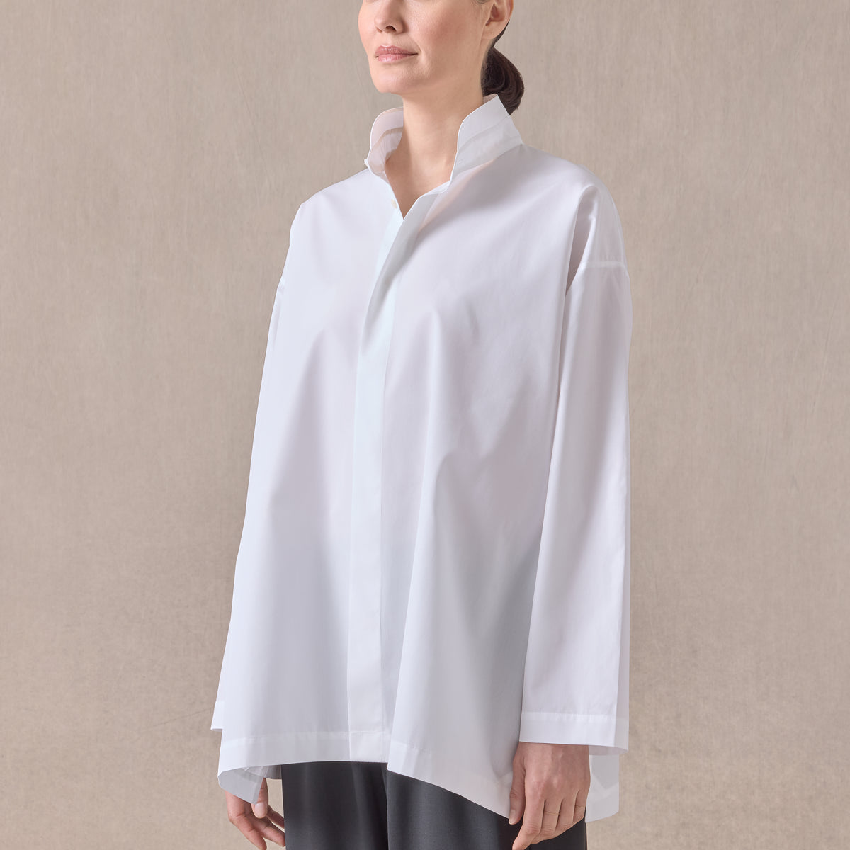cotton slim a-line double stand collar shirt with stepped