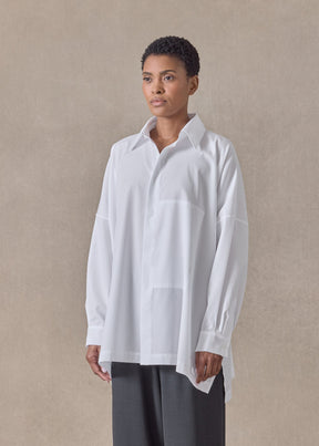 cotton poplin wide longer back shirt with collar - long (hidden pocket) (white)