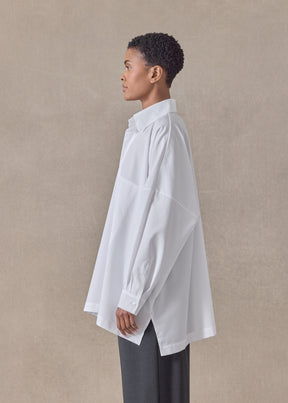 cotton poplin wide longer back shirt with collar - long (hidden pocket) (white)
