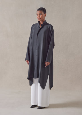 silk wide a-line double stand collar shirt - very long with slits