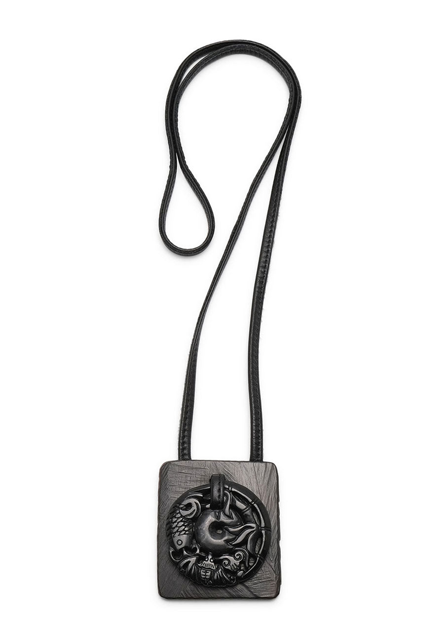 double square kamag & carved black jade leather pendant