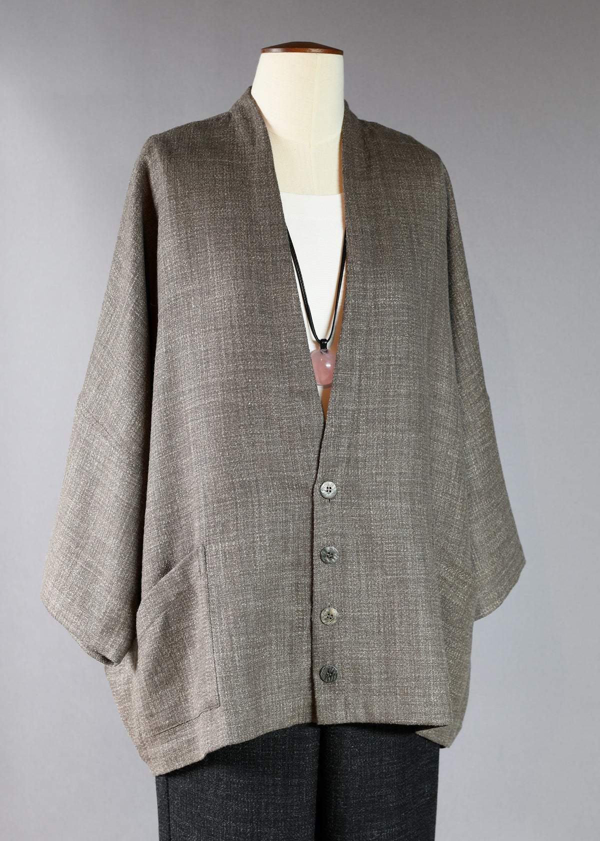 alpaca wool mix 3/4 sleeve sloped shoulder deep v-neck jacket - long
