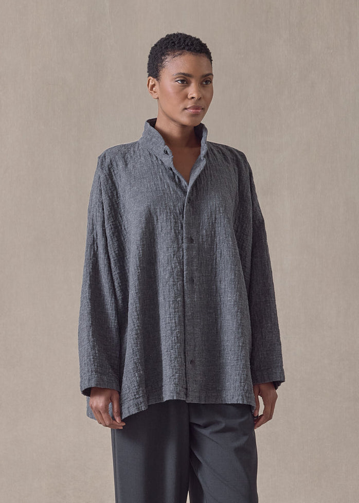 recycled double cotton angled-to-front side seam shirt with double collar - long
