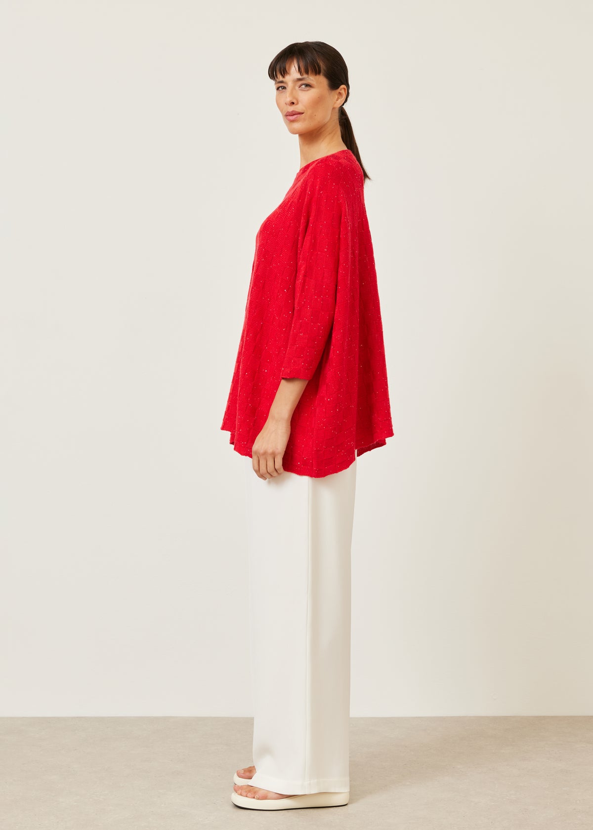 sideways knitted square slim sleeve sweater - long