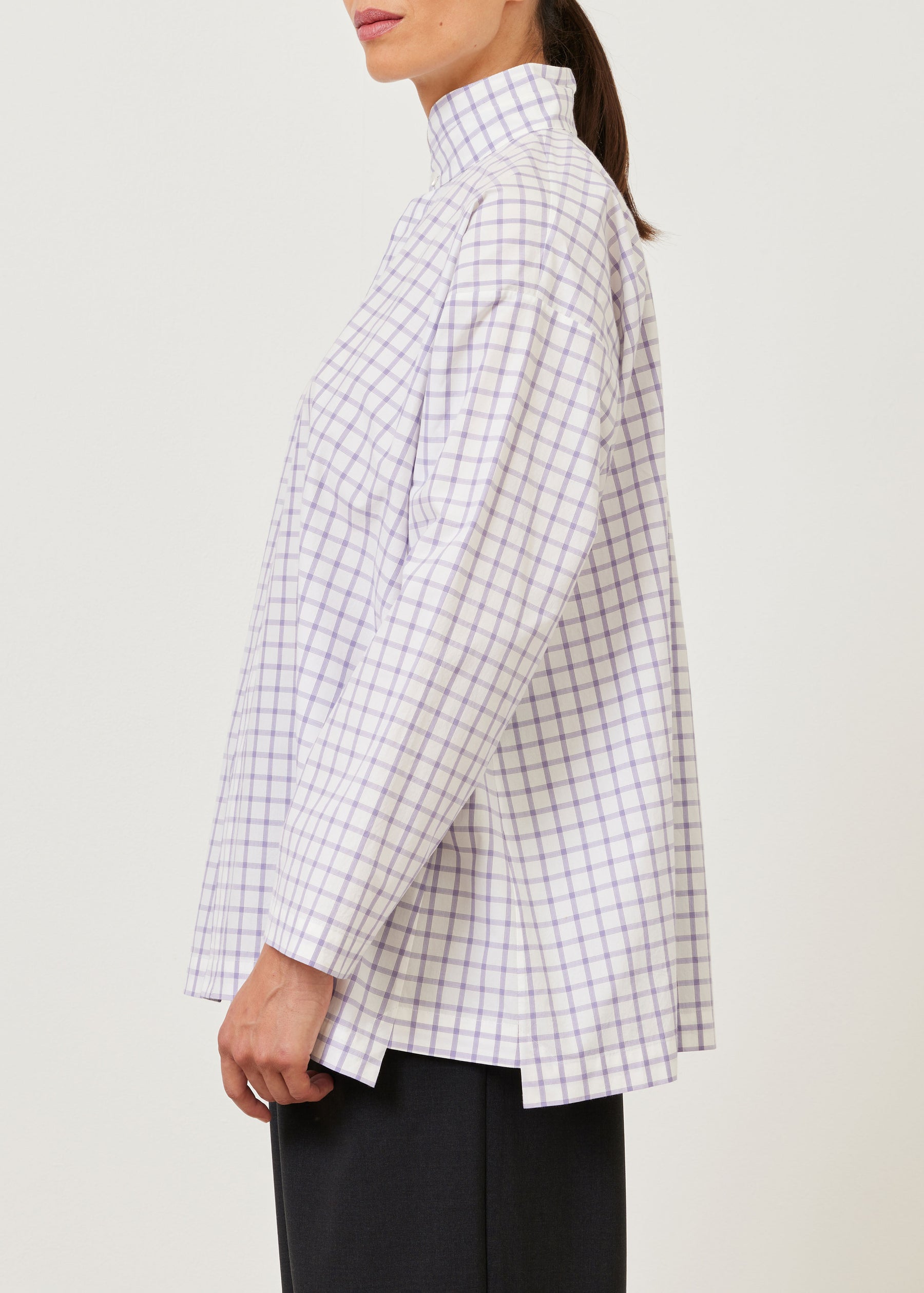 cotton slim a-line shirt with double stand collar and stepped insert - long