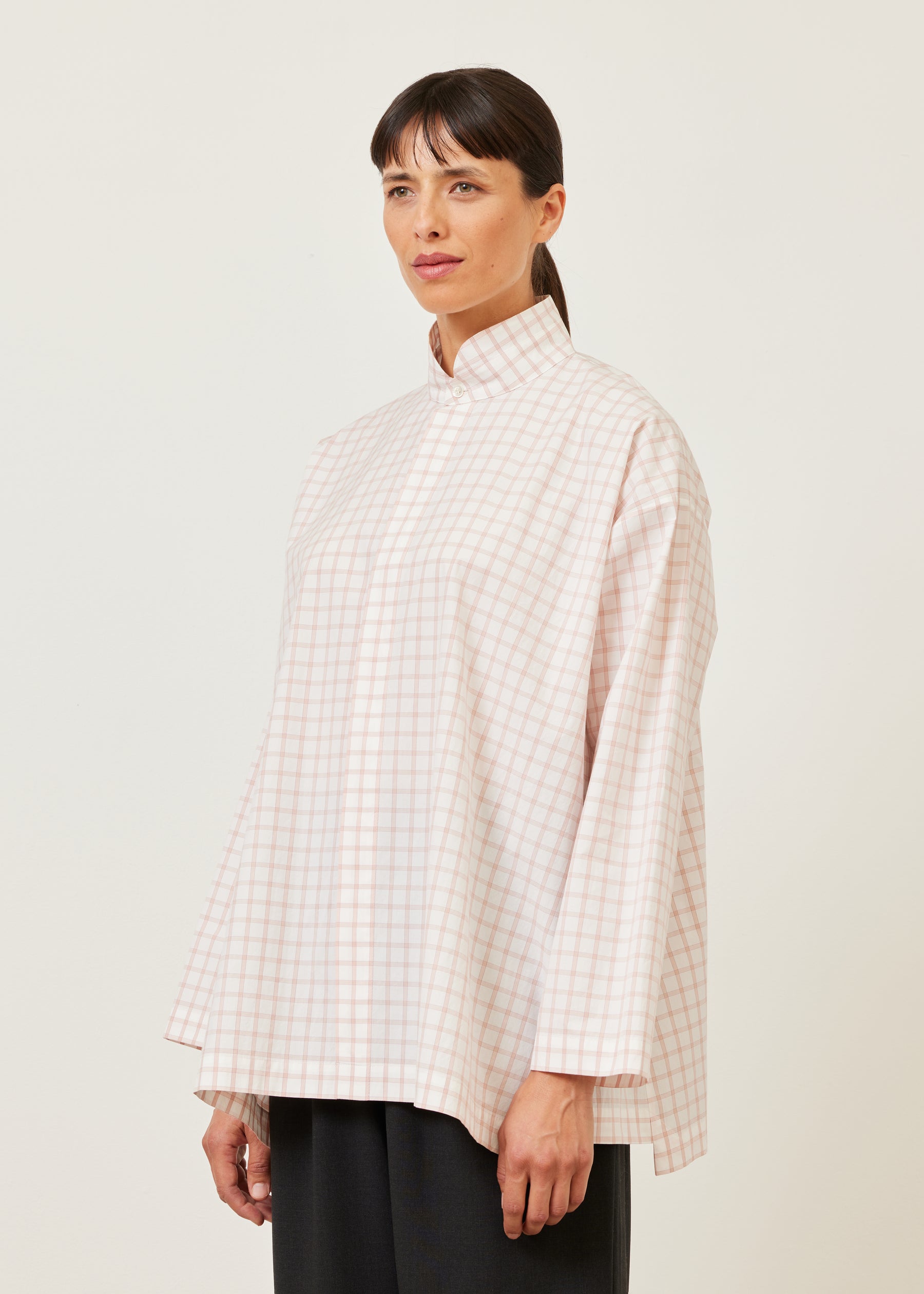slim A-line shirt with double stand collar and stepped insert - long