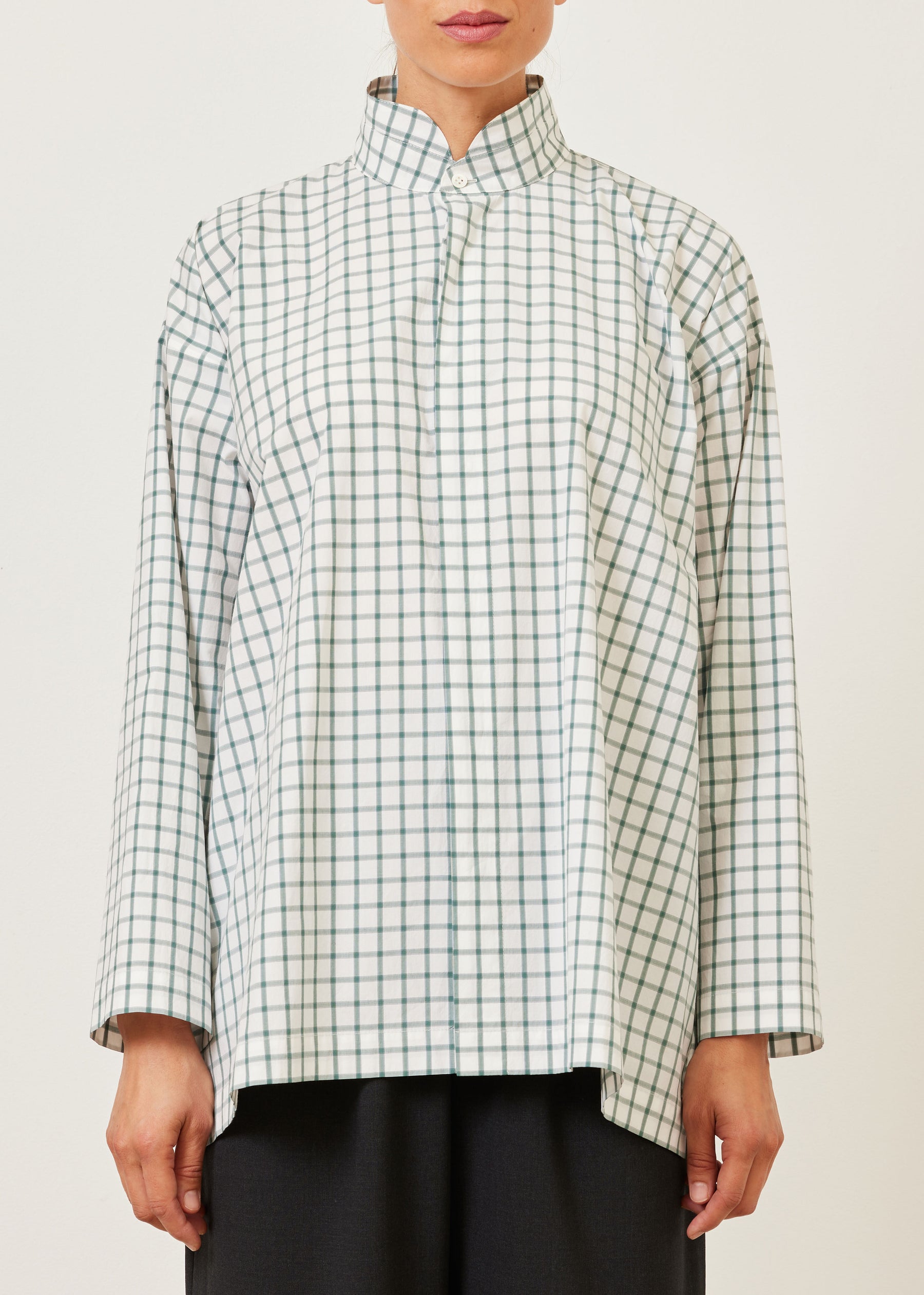 cotton slim a-line shirt with double stand collar and stepped insert - long