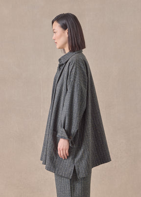 wool silk mix wide A-line shirt jacket with collar - long