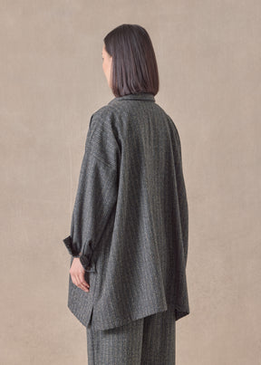 wool silk mix wide A-line shirt jacket with collar - long