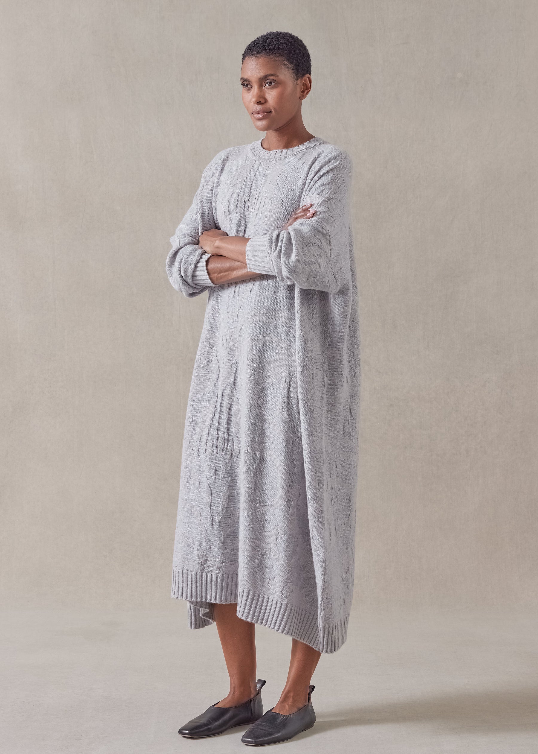 cashmere wide a-line round neck dress GREYBEIGE / 0
