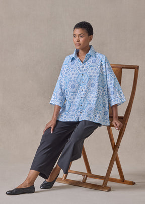 cotton sloped shoulder wide a-line short sleeve shirt with collar - mid