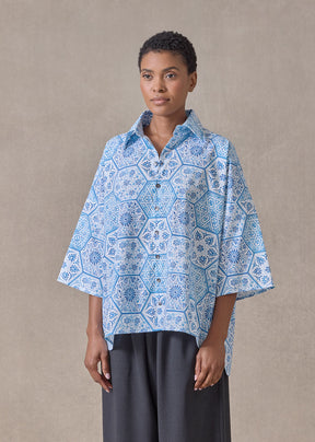 cotton sloped shoulder wide a-line short sleeve shirt with collar - mid