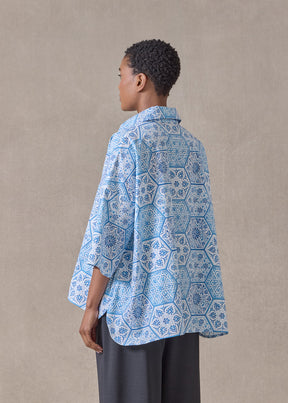 cotton sloped shoulder wide a-line short sleeve shirt with collar - mid