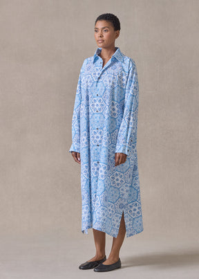 cotton wide a-line shirt dress with collar (damascusblue)
