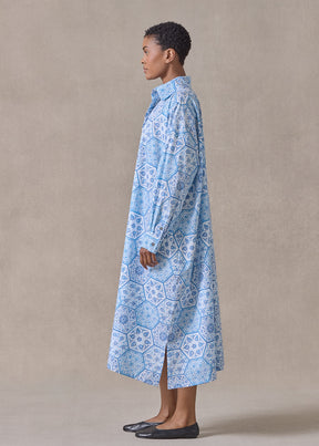 cotton wide a-line shirt dress with collar (damascusblue)