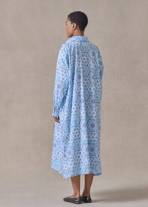 cotton wide a-line shirt dress with collar (damascusblue)