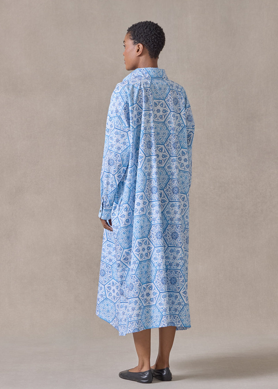cotton wide a-line shirt dress with collar (damascusblue)