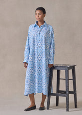 cotton wide a-line shirt dress with collar (damascusblue)