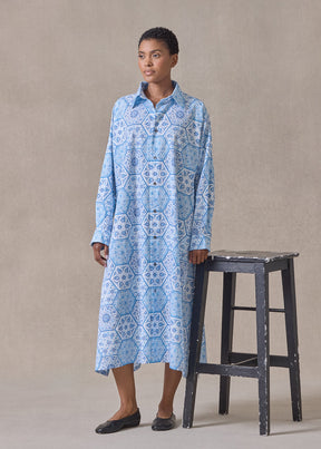 cotton wide a-line shirt dress with collar (damascusblue)