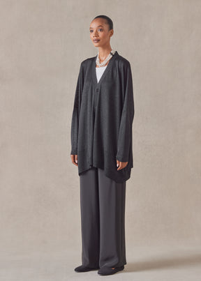 metallicised mix wide v neck knitted cardigan - long