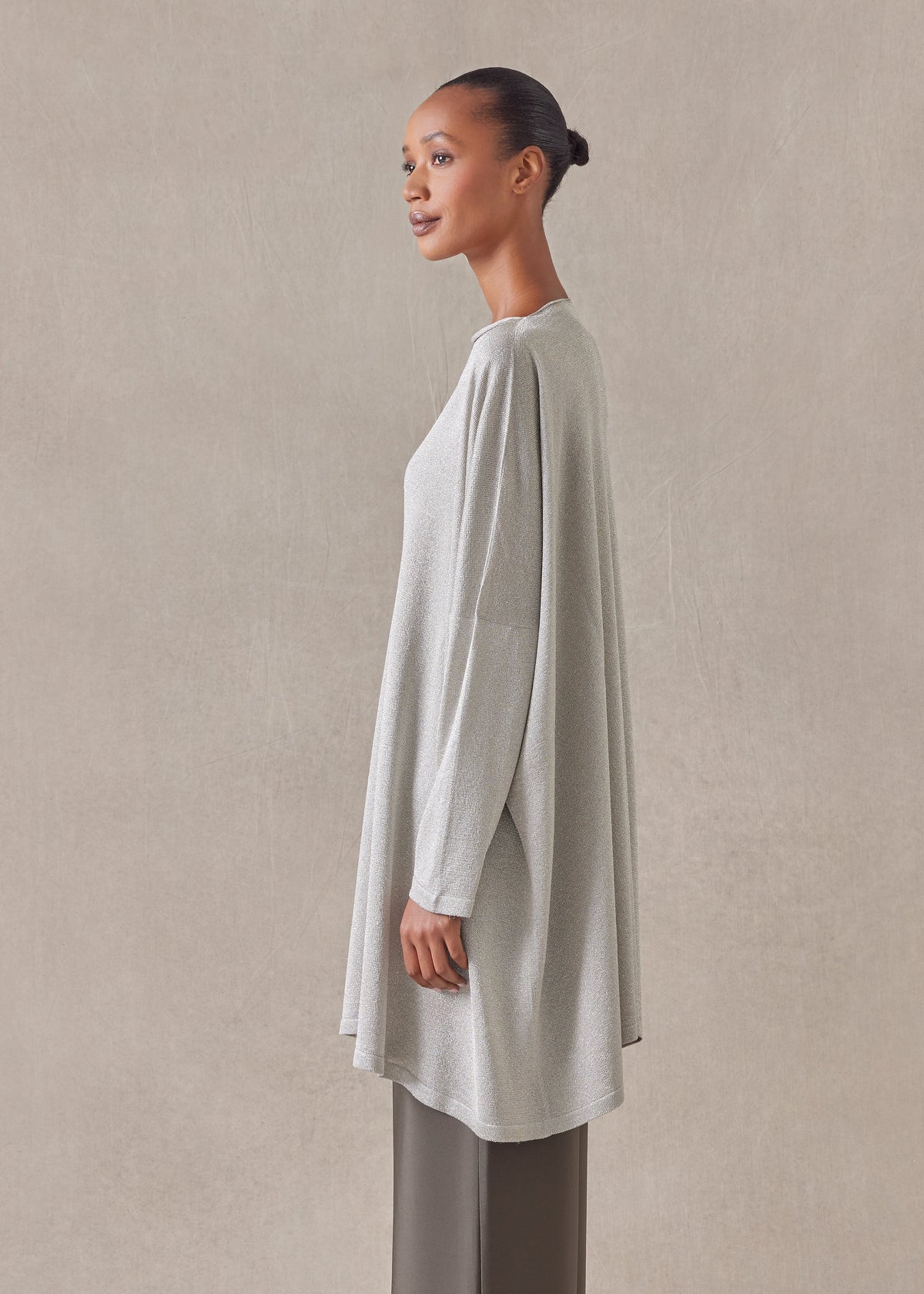 metallicised mix slim sleeve slash neck kaftan knitted sweater - long plus