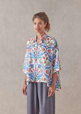 silk sloped shoulder wide a-line short sleeve shirt with collar - mid (brightmulti)