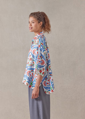 silk sloped shoulder wide a-line short sleeve shirt with collar - mid